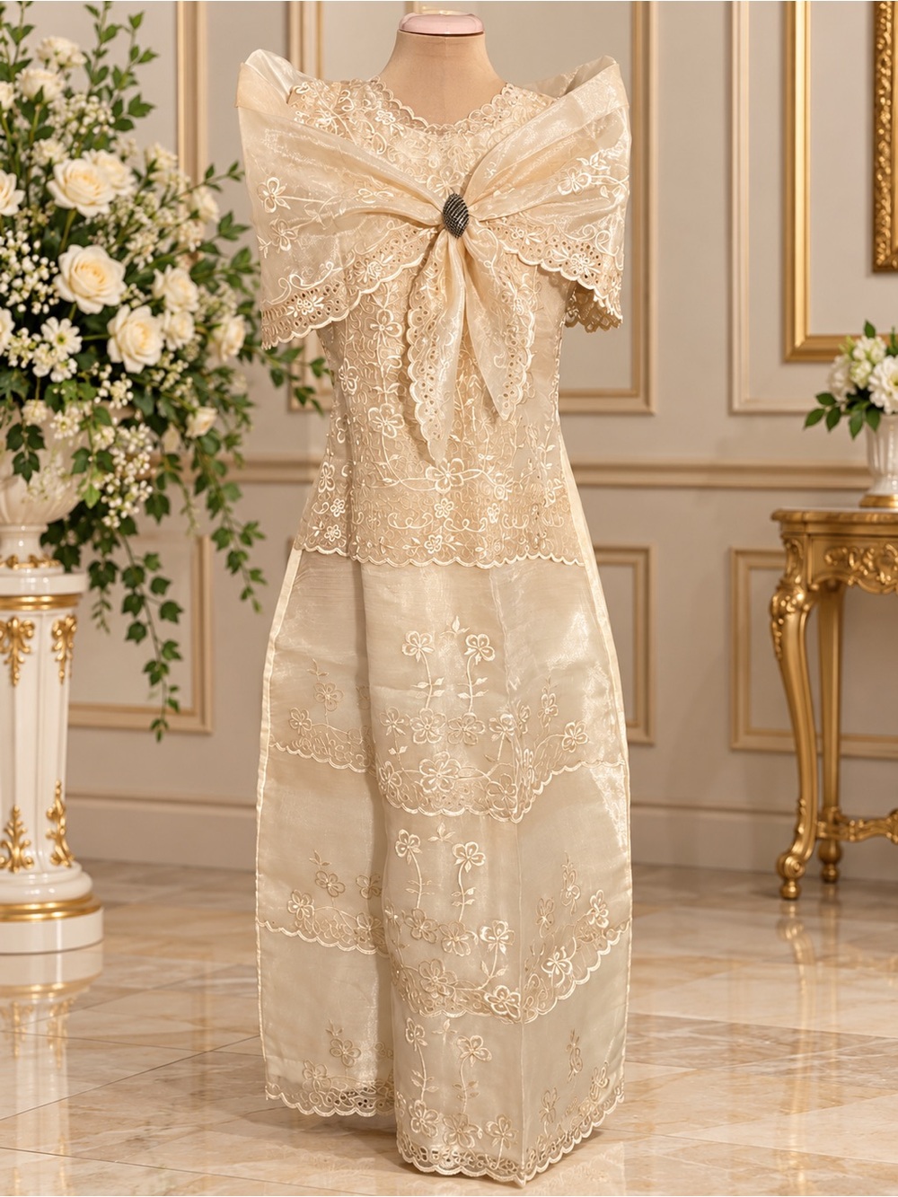 Elegant Piña Organza Bouillon Filipiniana Gown with Puff Sleeves and Alampay